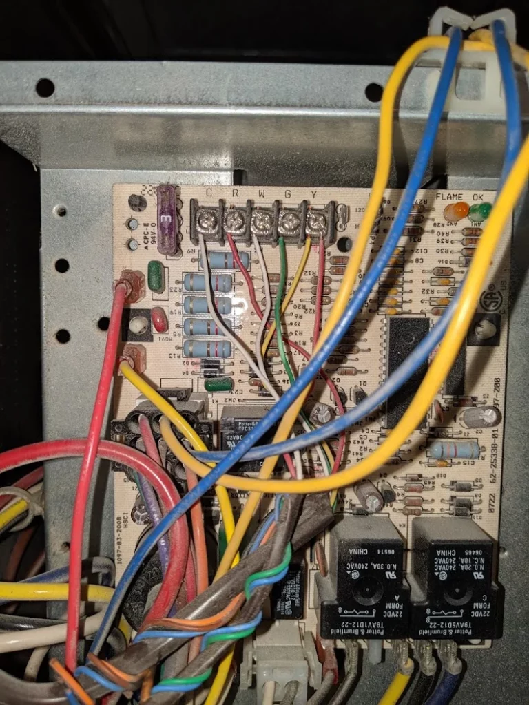 Example showing complexity of wiring for HVAC wiring electrical panel.